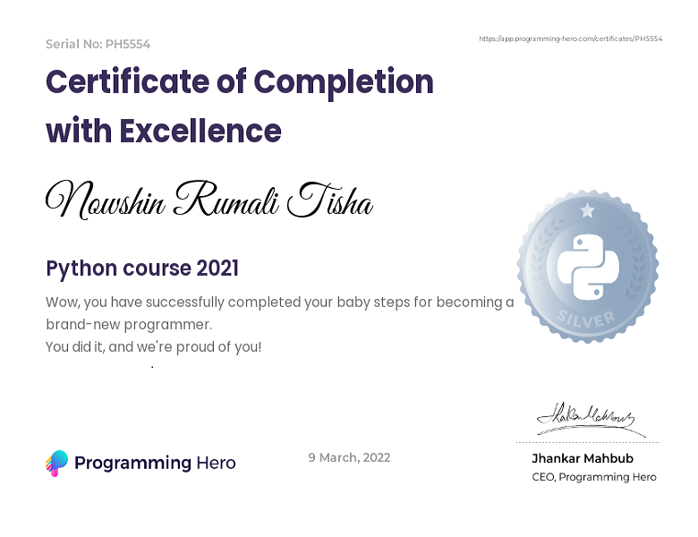 Python fundamental Certificate from Programming Hero