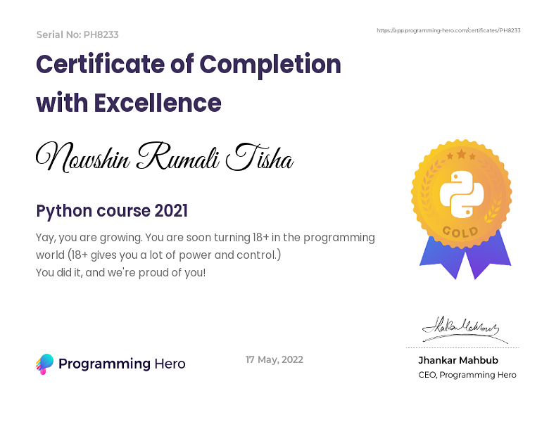 Python intermediate Certificate from Programming Hero